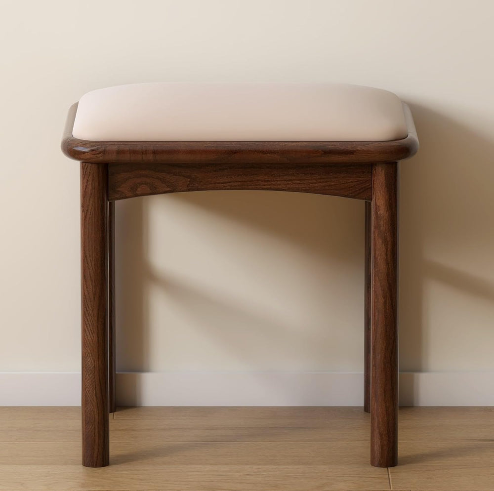 Upholstered Stool with Solid Wood Leg, Leather Padded Dining Ottoman Walnut F...