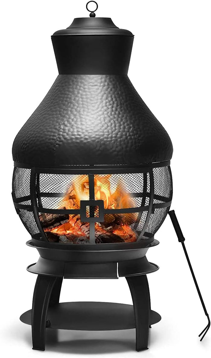 SAFSTAR Outdoor Cast Iron Chiminea, Fireplace Wooden Chiminea Fire Pit w/Fire Poker, 360°Fire Retardant Mesh Cover, Patio Wood Burning Fire Pit