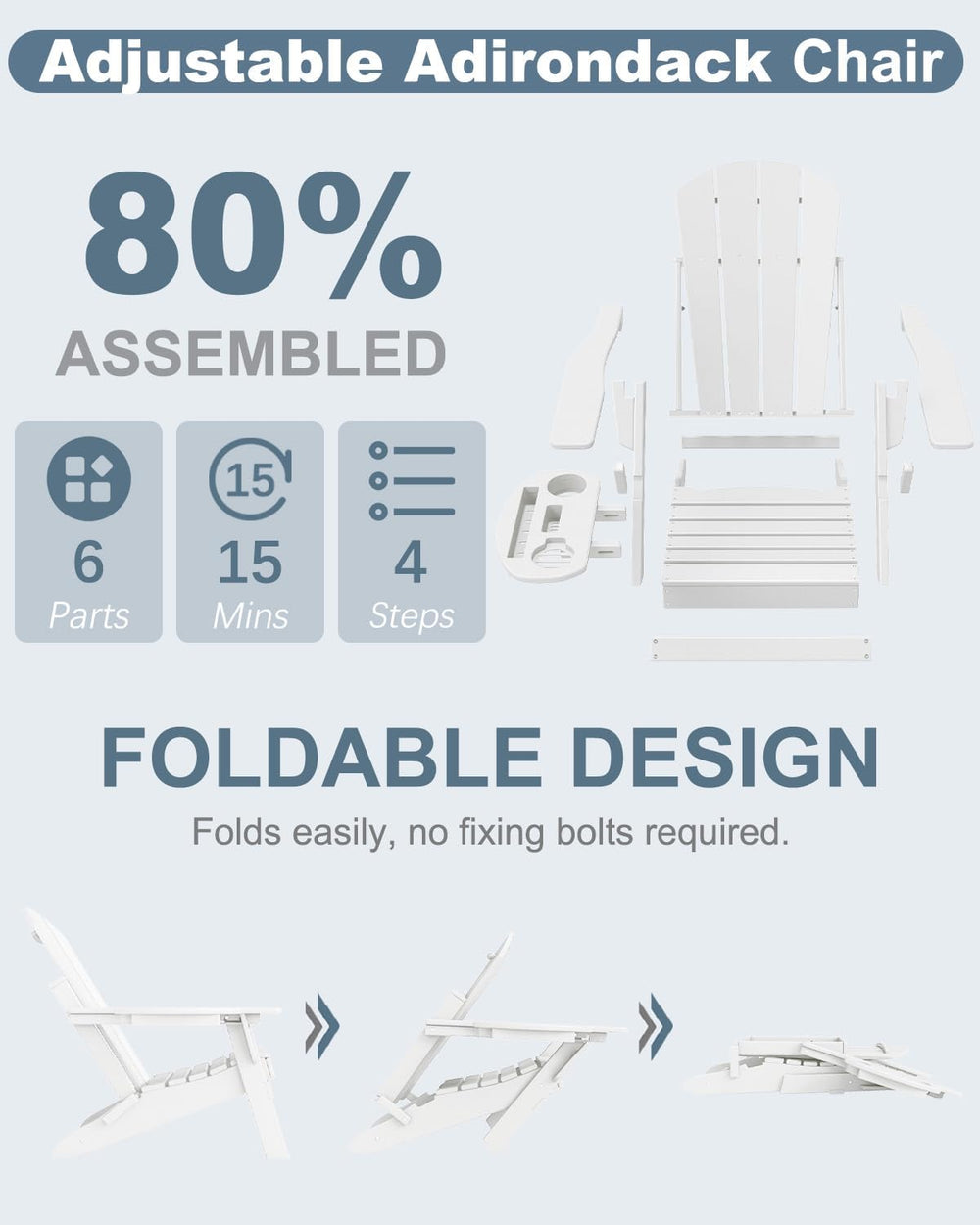 NAVINE Adjustable Adirondack Chairs Set of 2 with Cup Holders, White