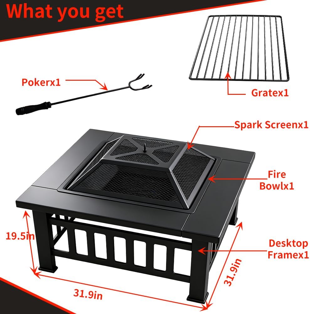 3-in-1 Multifunctional Square Fire Pit Table, 32-Inch Outdoor Metal Fire Pit ...