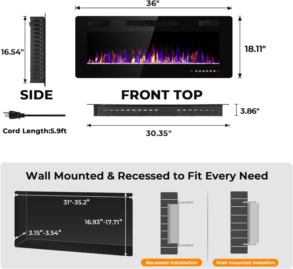 36" Electric Fireplace Insert Recessed and Wall Mounted, 750/1500W Ultra...
