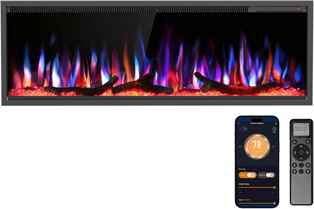 R.W.FLAME 50" Recessed and Wall Mounted Smart Electric Fireplace, Alexa/...