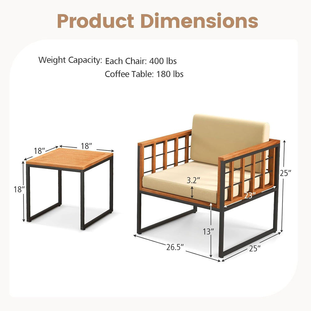 Tangkula 3 Pieces Patio Chair Set, Acacia Wood Outdoor Sofa Set with Metal Su...
