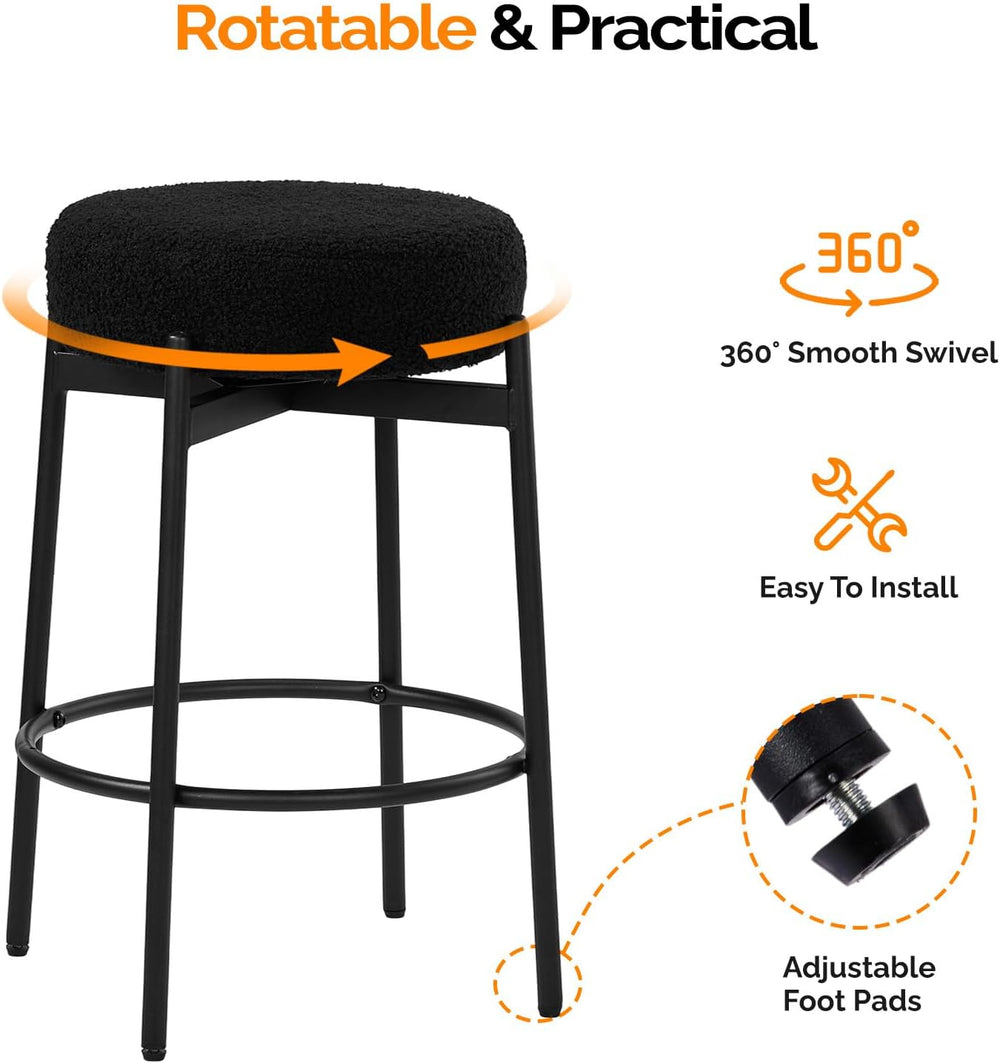 VINGLI Swivel Round Barstools 24" H Set of 2, Teddy Wool Upholstered Bar...