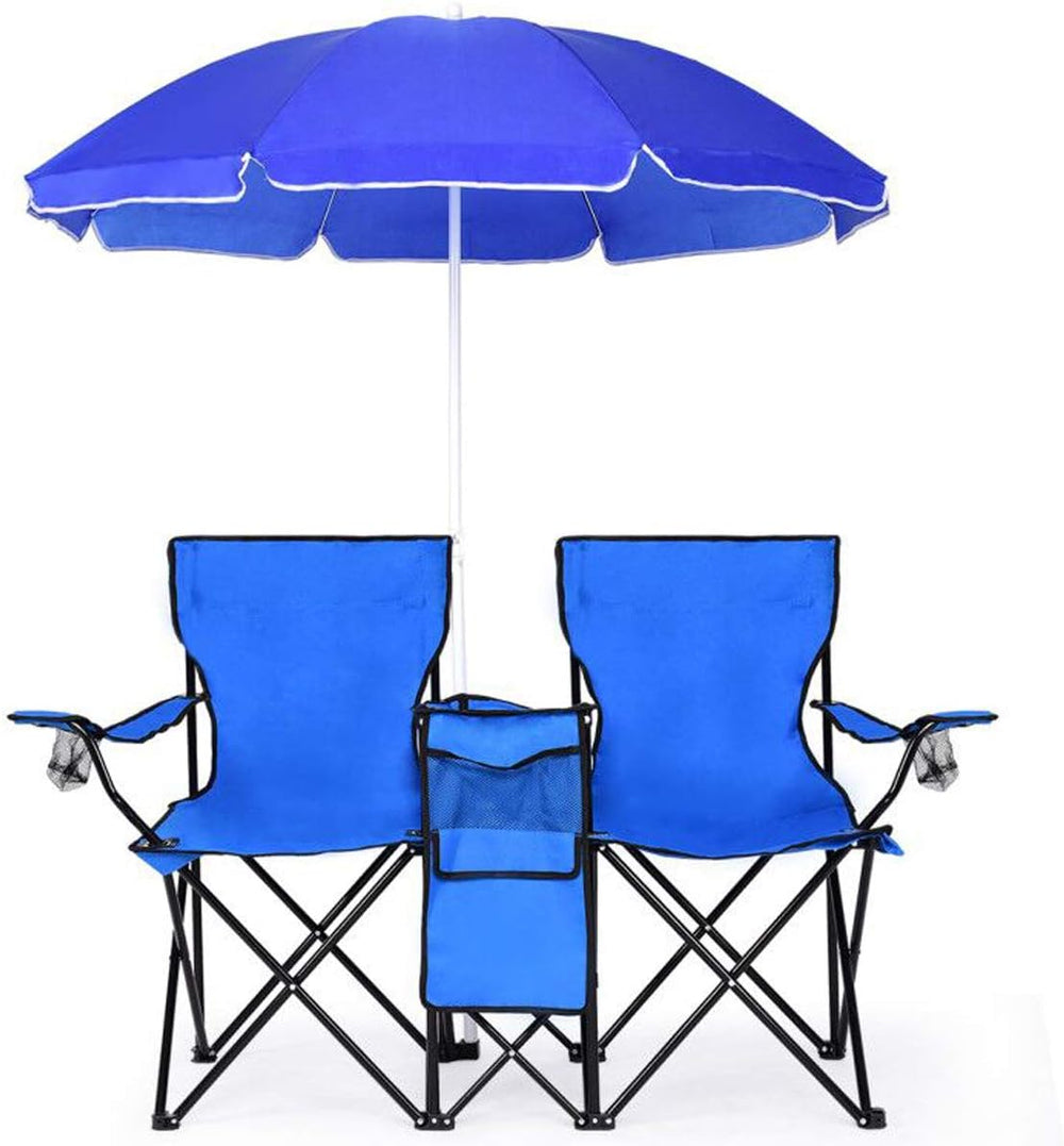 Goplus Double Camping Chair with Umbrella, Folding Loveseat Chairs w/Canopy S...