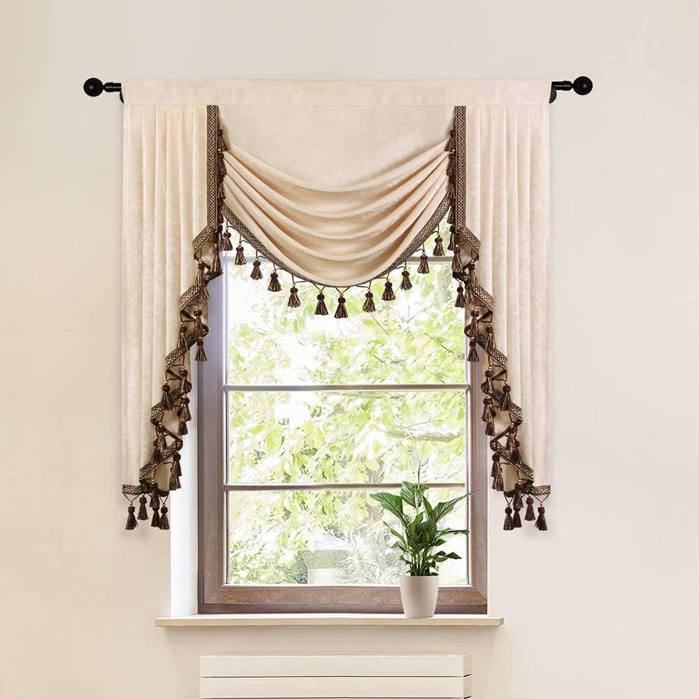 ELKCA Beige Chenille Window Curtains Valance for Living Room Waterfall Valanc...