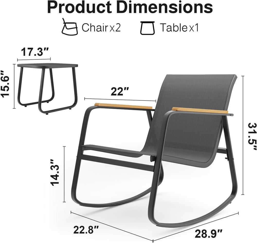 Aiho 3 Piece Rocking Bistro Set, Textilene Patio Chairs for Garden, Black