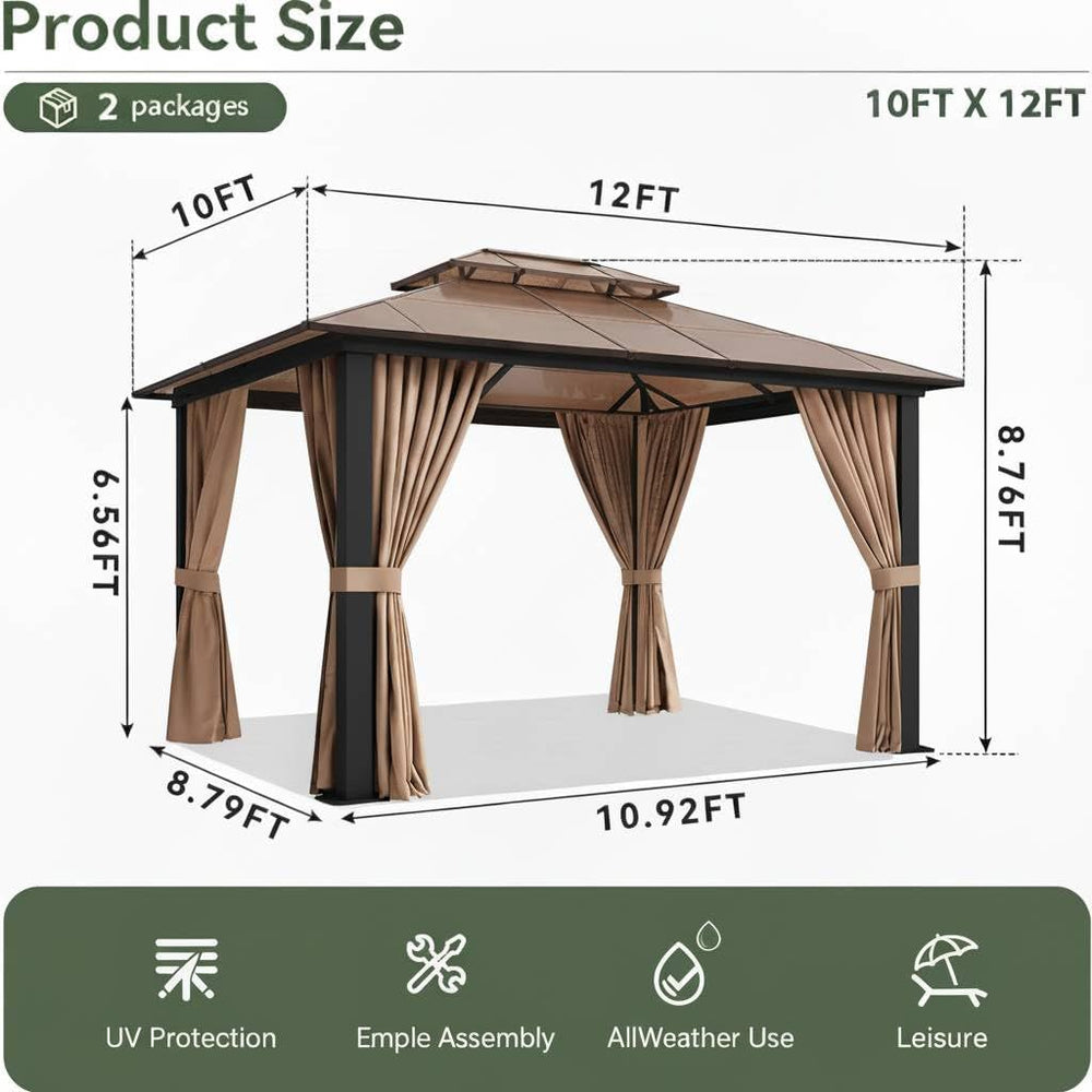 10x12 Hardtop Gazebo with Curtains & Netting, Double Roof Polycarbonate C...