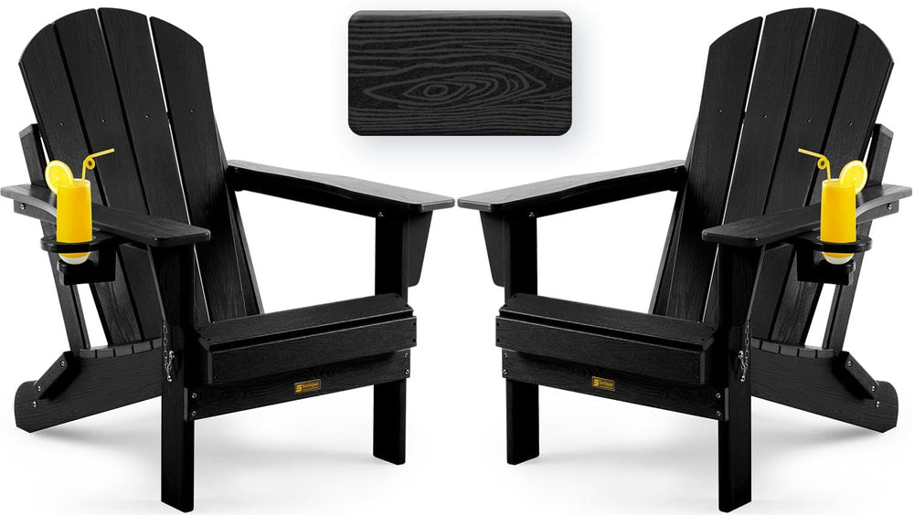 Folding Adirondack Chair, Wood Texture, Weather Resistant(Black)