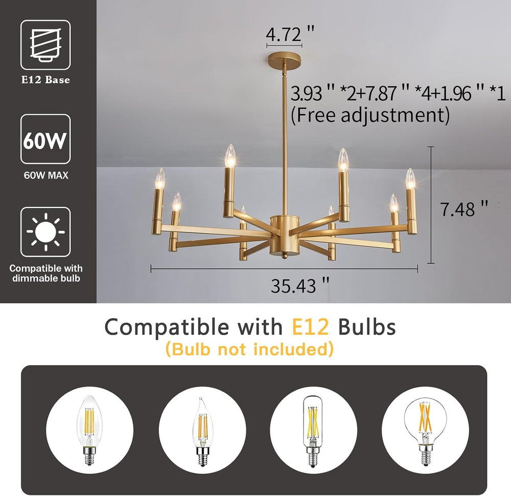 ASGYISA 8-Light Gold Candle Chandeliers Modern Farmhouse Ceiling Light Fixtur...