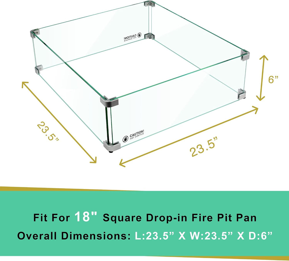 Holy Fire 23.5" L x 23.5" x 6" Square Fire Pit Glass Wind Guar...