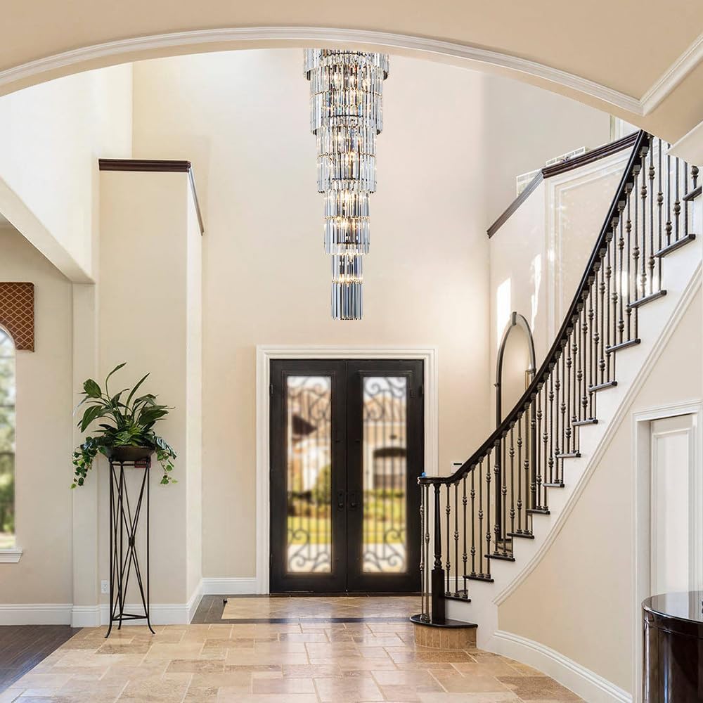 Luxury Modern Long Staircase K9 Chandeliers Black Top Design 10-Tier Large Fo...
