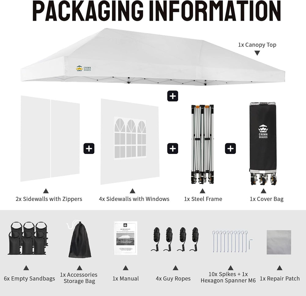 CROWN SHADES 10X20 Pop Up Canopy Tent with Sidewalls, Instant Setup, White