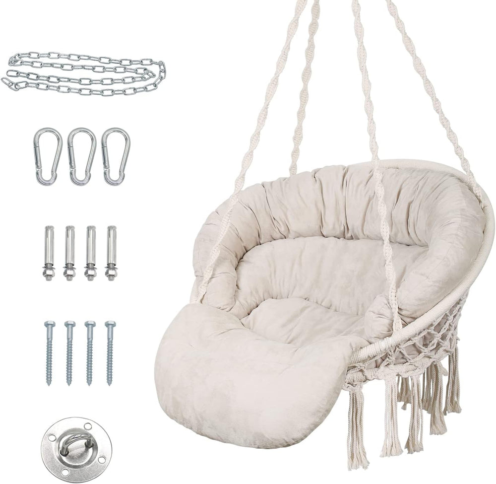 Hammock Chair with Cushion, Handmade Macrame Swing Chair with Hanging Hardwar...