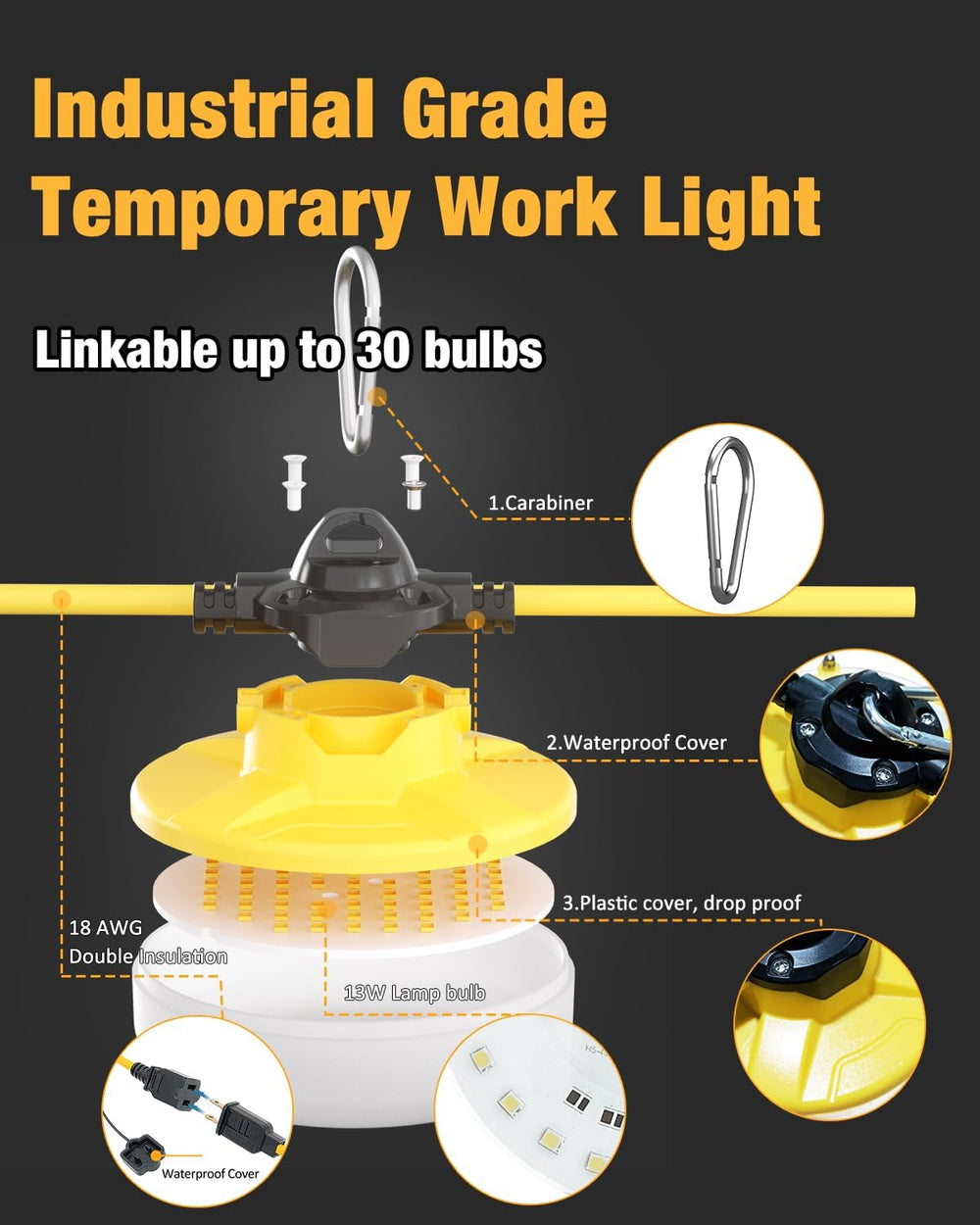 LED Construction String Light 100FT, 130W 16000Lm Industrial LED String Work ...