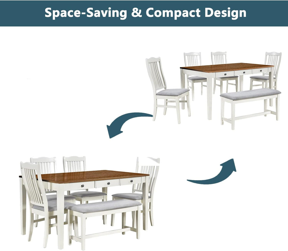 LUMISOL 6-Piece Dining Table Set with Bench, Farmhouse Solid Wood Kitchen Tab...