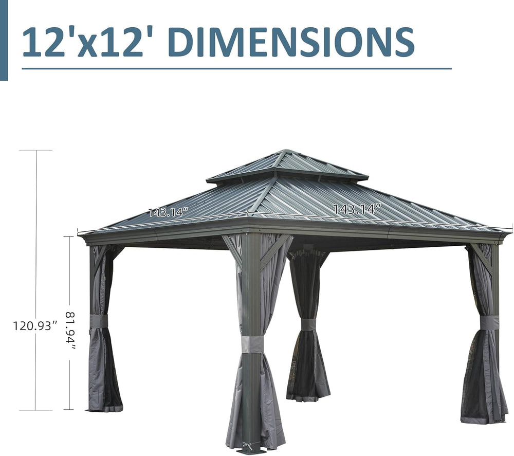 Domi 12'X12' Gazebo, Hardtop Gazebo for Patio with Drainage System, Gray