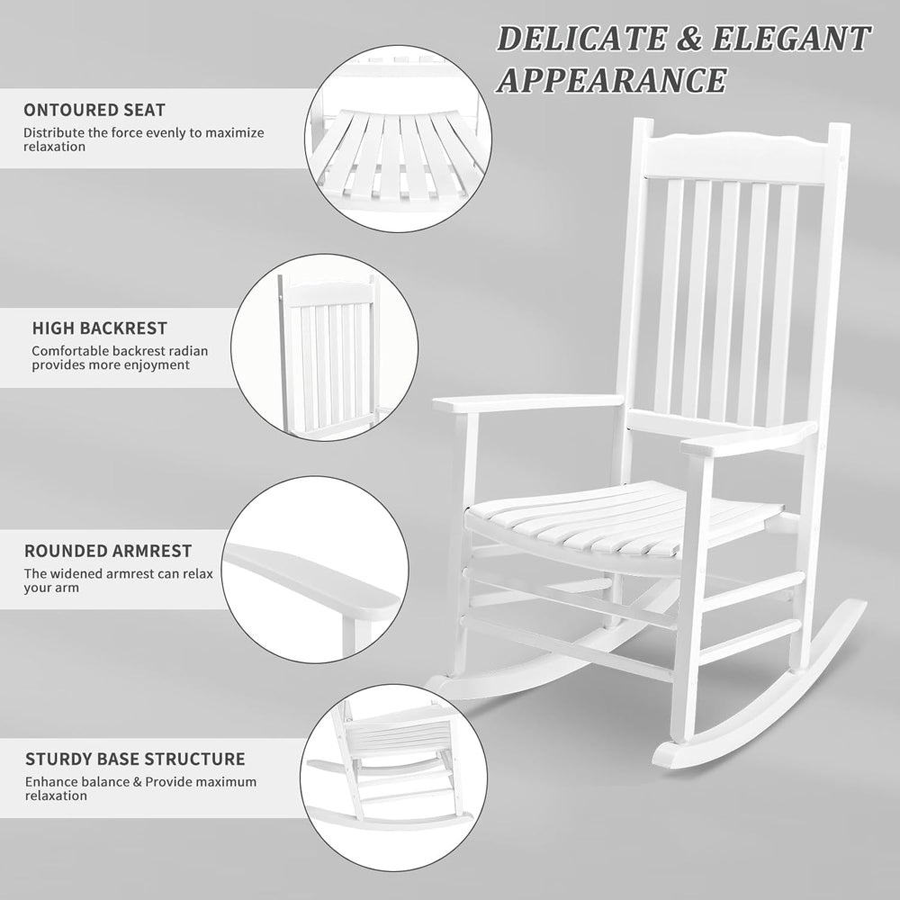 Outvita Outdoor Rocking Chair, Solid Wood High Back Rocker, White
