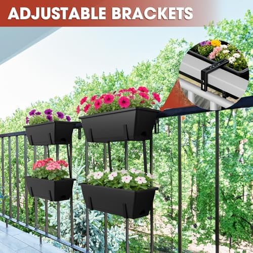 4 Pcs Hanging Flower Pots, 16.9 Inches Railing Planter Box, Black