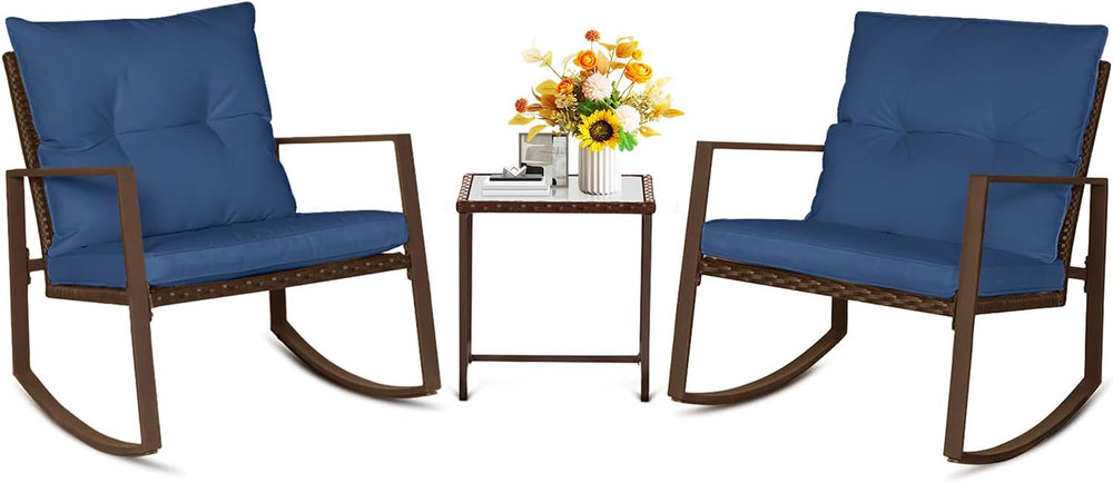 SUNCROWN 3 Piece Outdoor Rocking Bistro Set Brown Wicker Furniture Porch Chai...