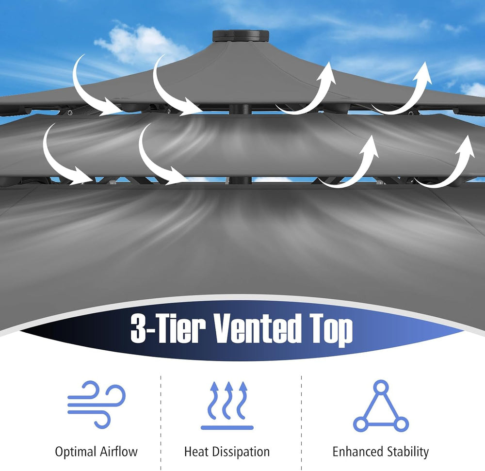 Tangkula 10 FT Solar LED Patio Umbrella, 3-Tier Vented Outdoor Market Table U...