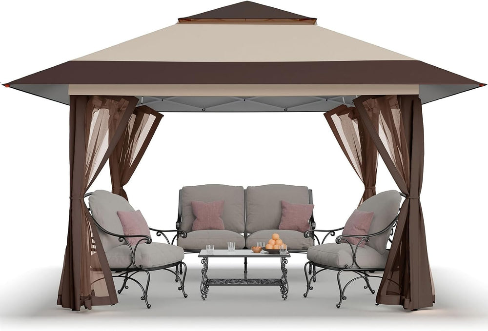 CROWN SHADES 13x13 Pop Up Gazebo, Clearance Canopy Tent,Beige & Coffee