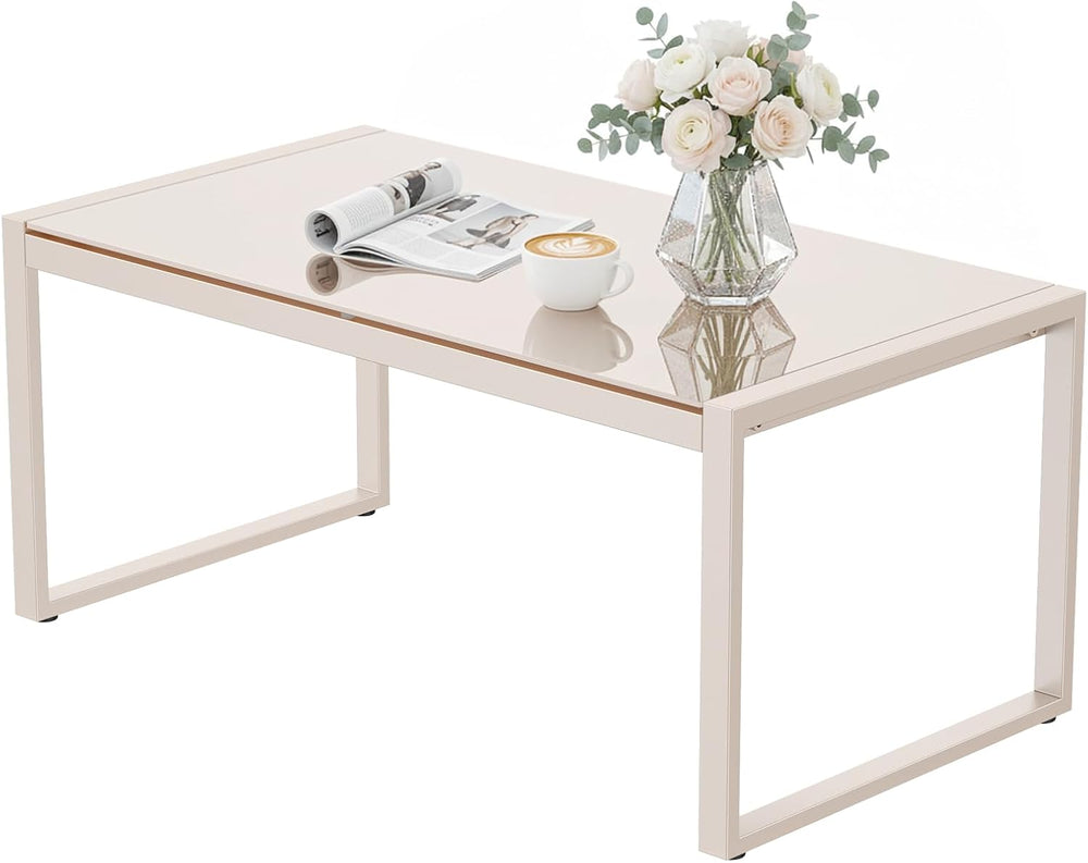 ONBRILL Rectangle Coffee Table with Tempered Glass Desktop, Sand