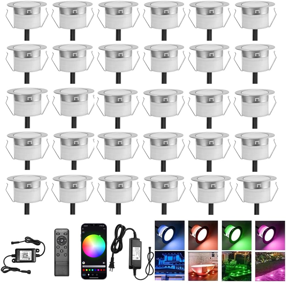 30 Pack 1.22 Inch Smart LED Deck Lights, Low Voltage RGB Outdoor Lighting
