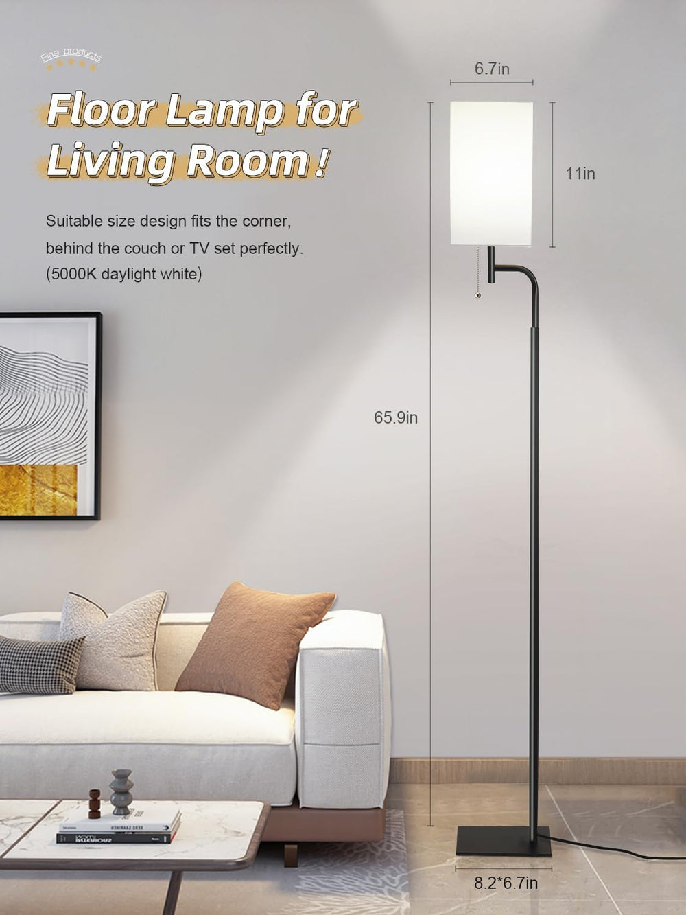 Modern Floor Lamp for Living Room, Linen Shade with Slim Base Design