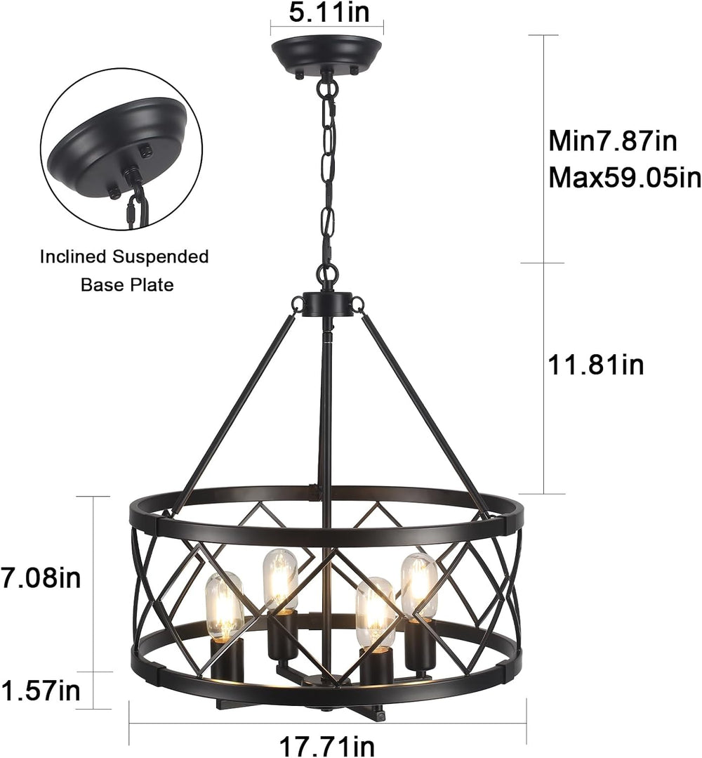 17.7" Black Farmhouse Chandelier, 4-Light Modern Drum Pendant Light Fixt...