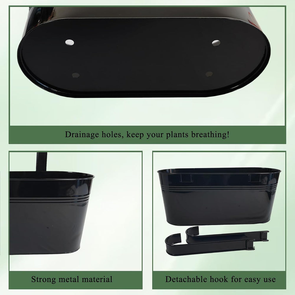 17" Hanging Metal Railing Planter with Detachable Hook, Oval Black, 4 Pack