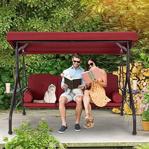 HOMREST 3 Seat Porch Swing with Adjustable Canopy, Patio Swing with Stand