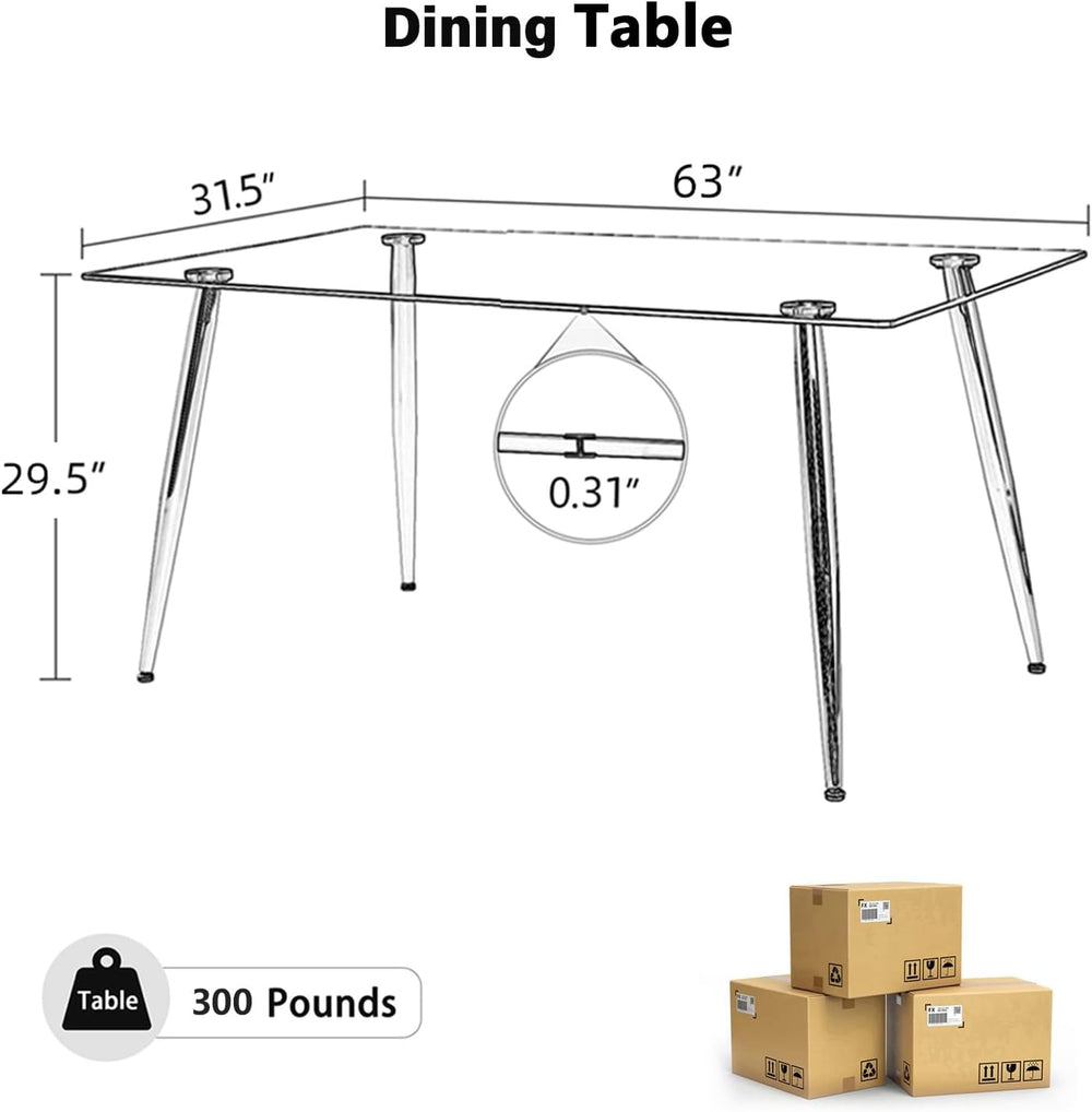 Baysitone Glass Dining Table for 4 with 63 inch Clear Rectangular Glass Top, ...