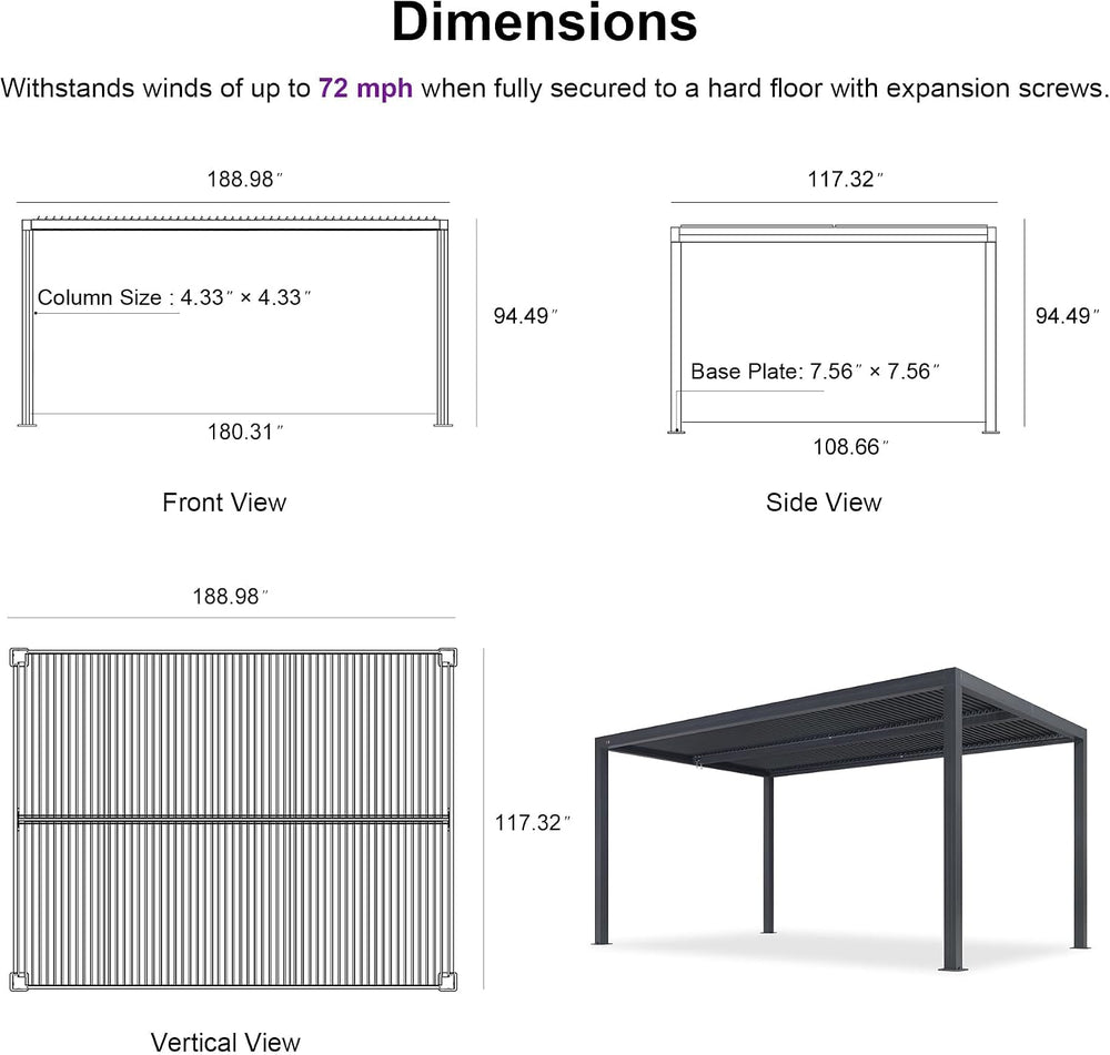 PURPLE LEAF Louvered Pergola 10' x 16' 94AS with Adjustable Louvers Gray