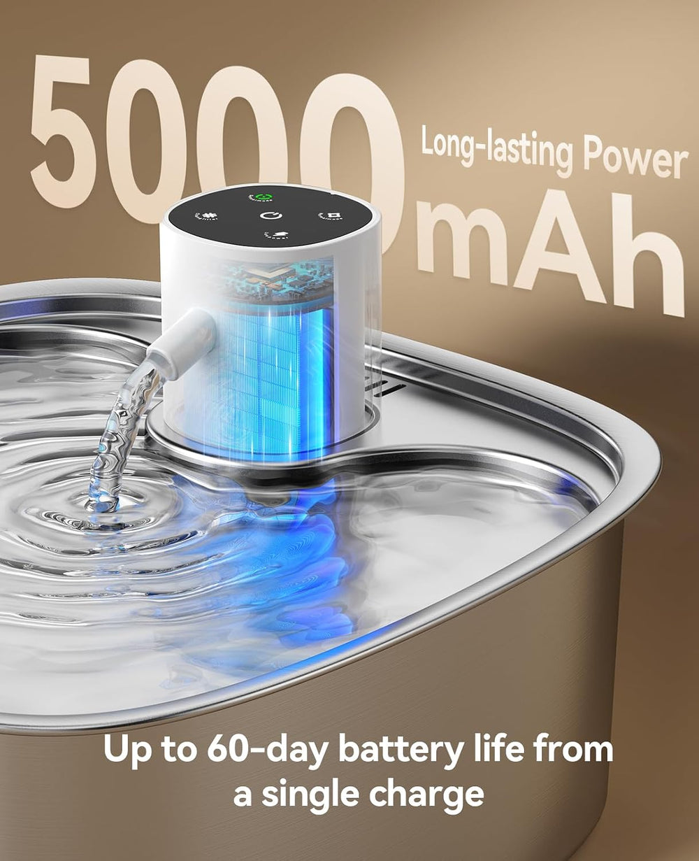 Cordless Wider Tray Dog Water Fountain, 5000mAh Battery Operated Dog Water Bo...