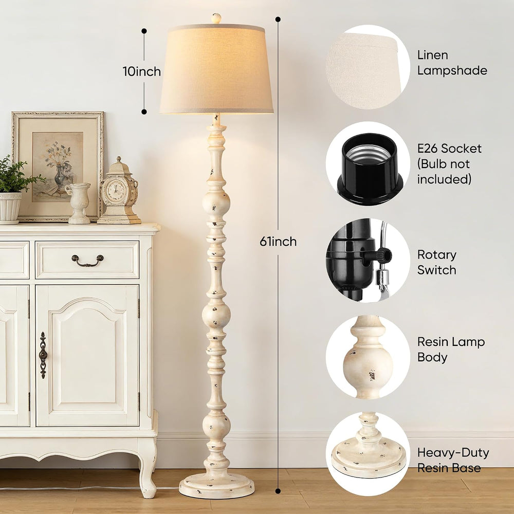 QiMH 61" Vintage Floor Lamp for Living Room, Farmhouse Lamps, Shabby White