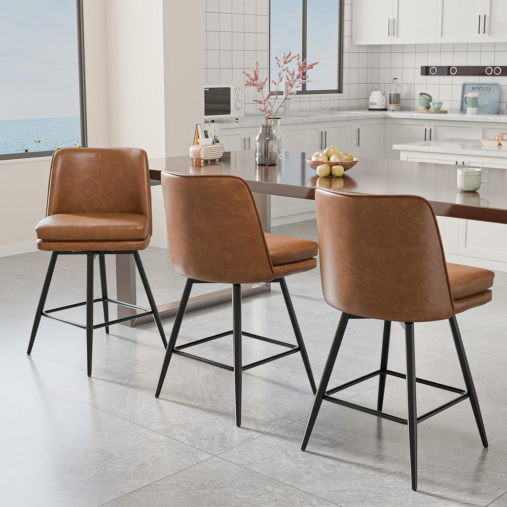 VINGLI 26" H Swivel Barstools Set of 3, PU Faux Leather Upholstered Coun...