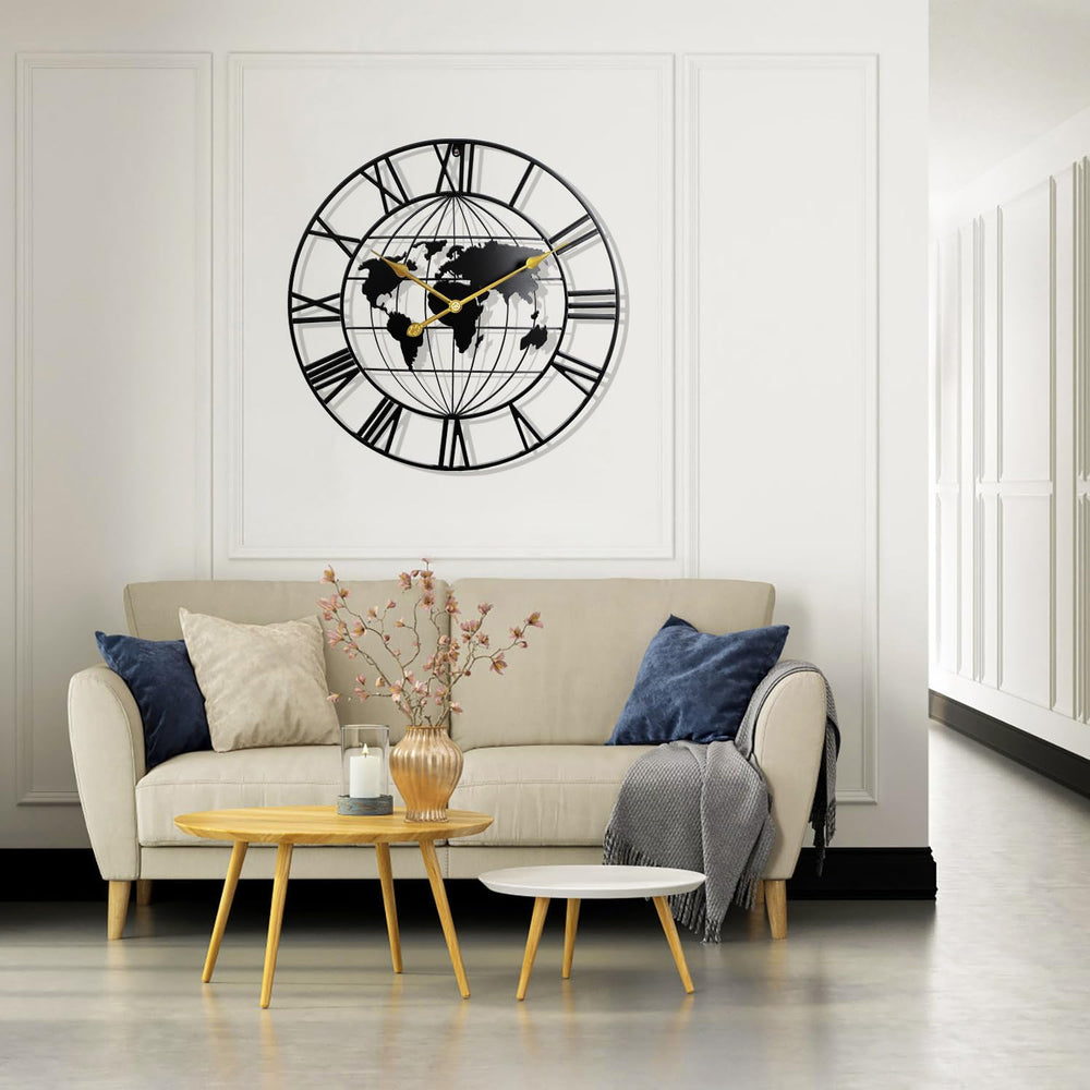 Large World Map Wall Clock,Metal Minimalist Decorative Modern Clock