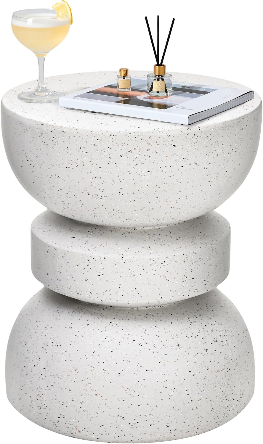 18" Outdoor Side Table, Modern Hourglass Garden Stool,Terrazzo-Look
