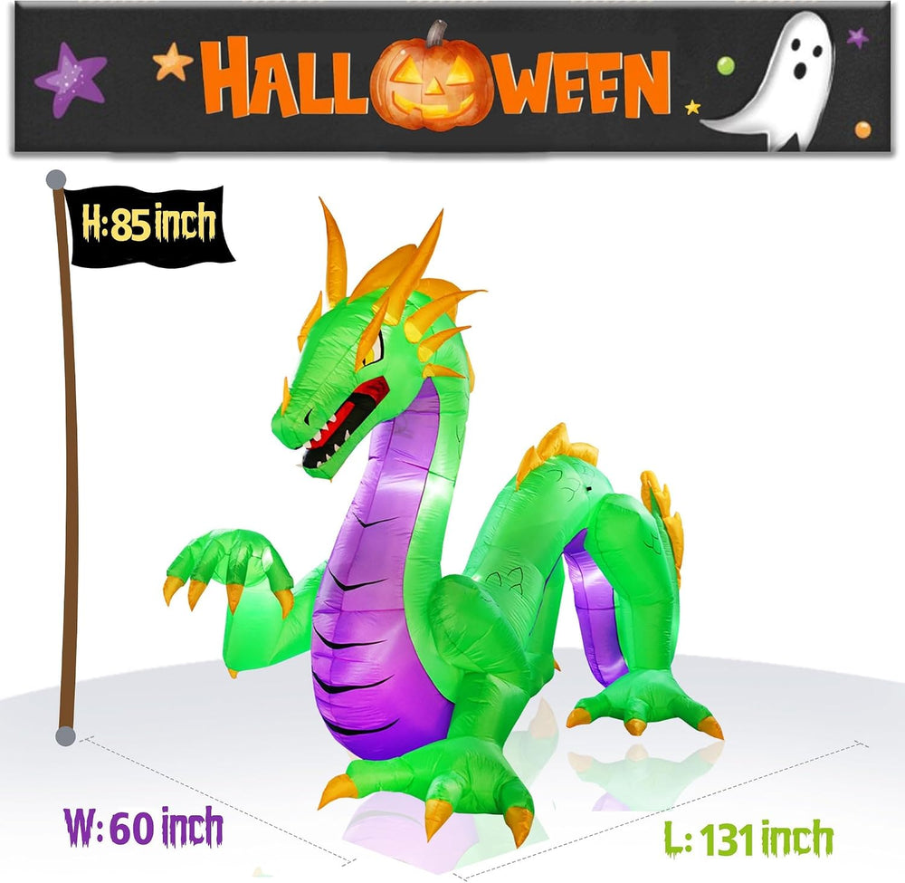 11FT Length Giant Green Halloween Inflatable Dragon, Blow Up Dragon Outdoor H...