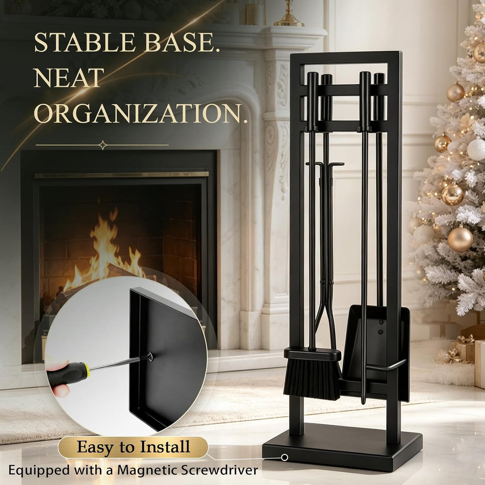 FEED GARDEN 5-Piece Fireplace Tool Set, 30" One-Piece Stand, 10mm Solid