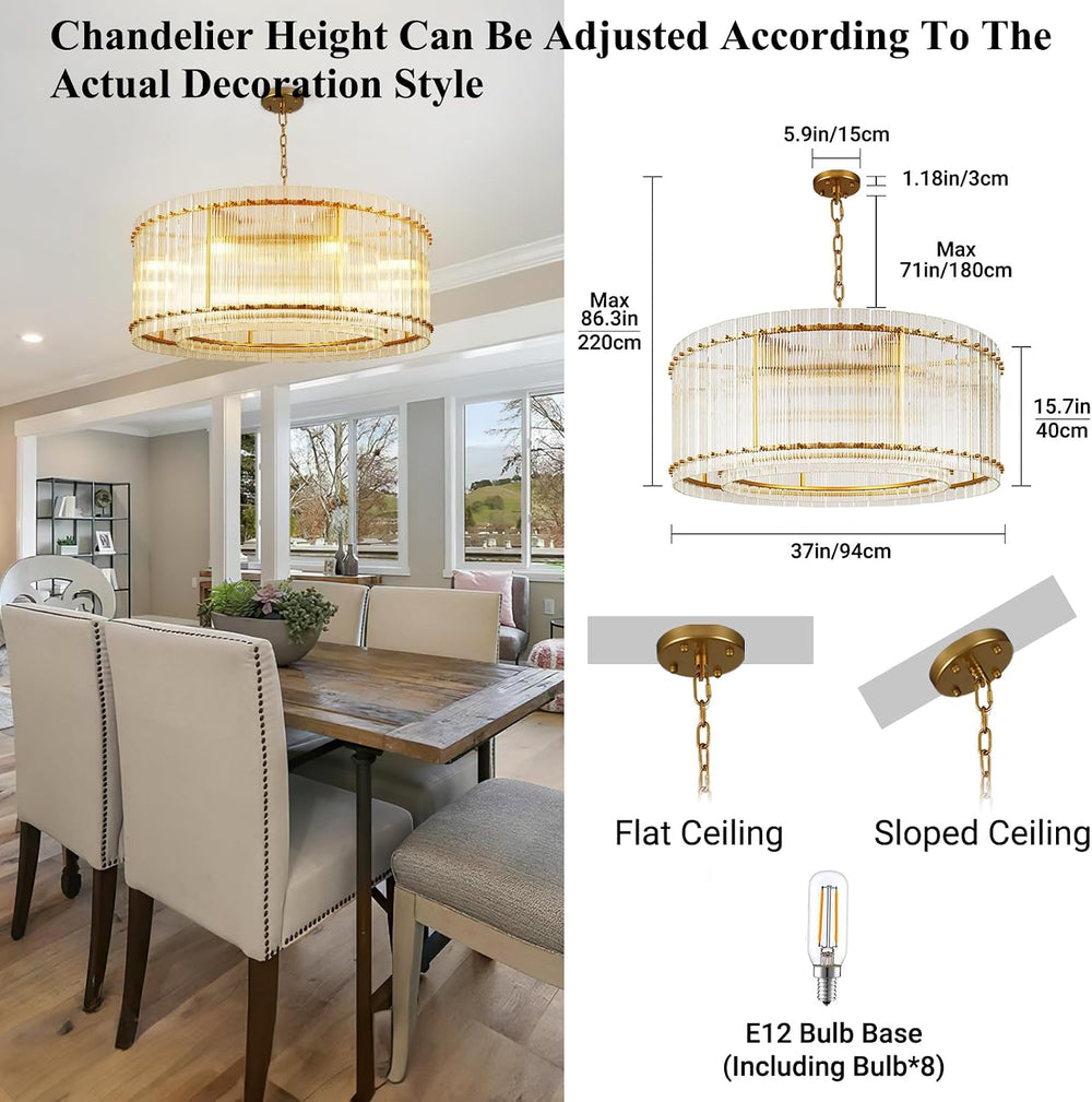 37" Modern Gold Round Chandelier,2-Tier 8-Light Water Ripple Crystal Gla...