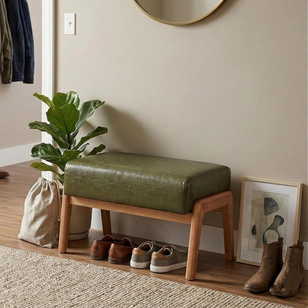 Modern Ottoman Foot Stool, Faux Leather Accent Sofa Footrest with Walnut Rubb...