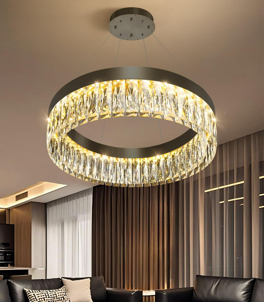 23.6" 1 Ring Modern LED Dimmable Ring Chandelier Adjustable Round Crysta...