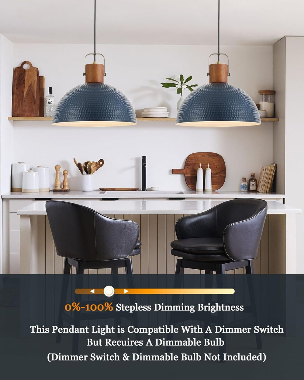 ELYONA 16” Large Ash Wood Pendant Light with Hammered Blue Metal & Brushe...