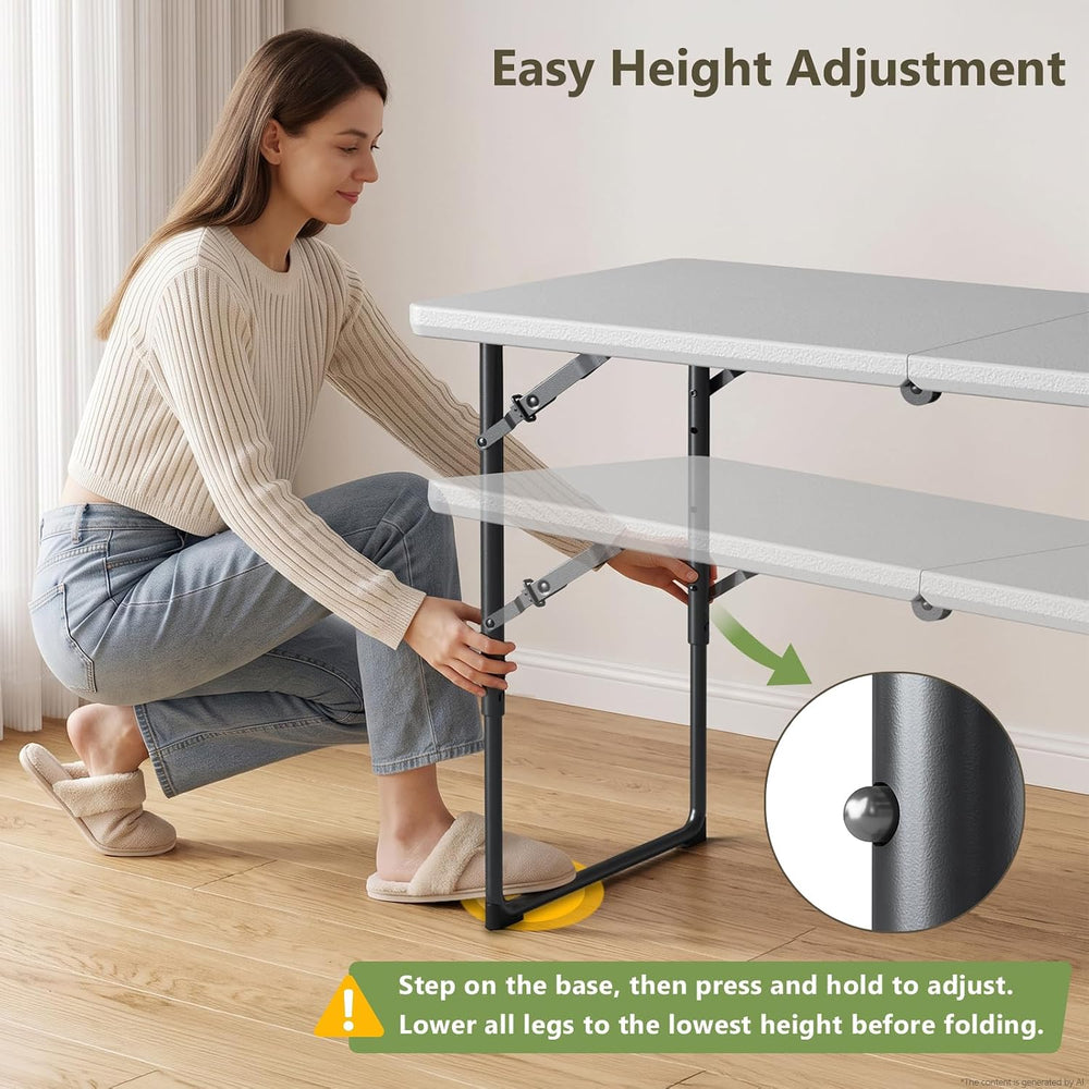 Folding Table, 4 FT Foldable Plastic Table with Adjustable Height, Heavy Duty...