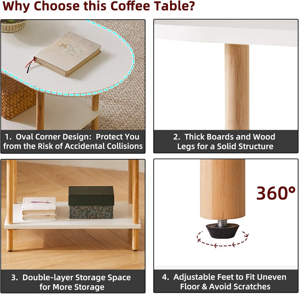 Aibiju Oval Coffee Table White, Small Wooden Coffee Table for Small Space, Te...