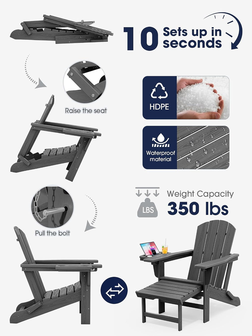 KINGYES Folding Adjustable Adirondack Chair with Ottoman & 2 Cup Holders ...