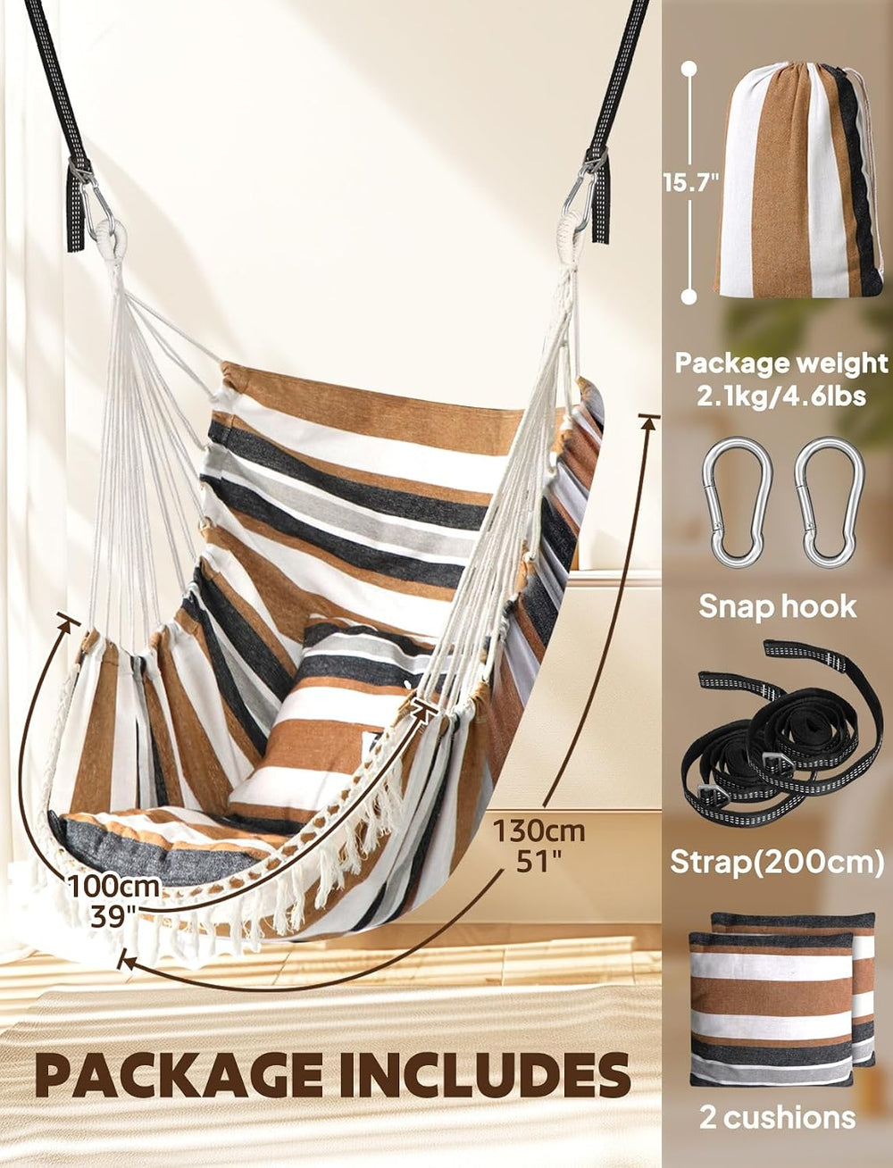 Chihee Hammock Chair with Strong Webbing Straps Hooks Suspension 2 Cushions
