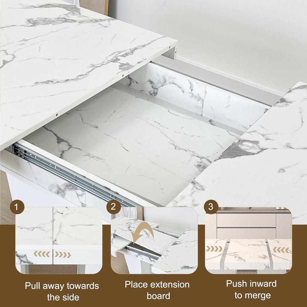 63"-78.74" White Faux Marble Extendable Dining Room Table Set for 6...